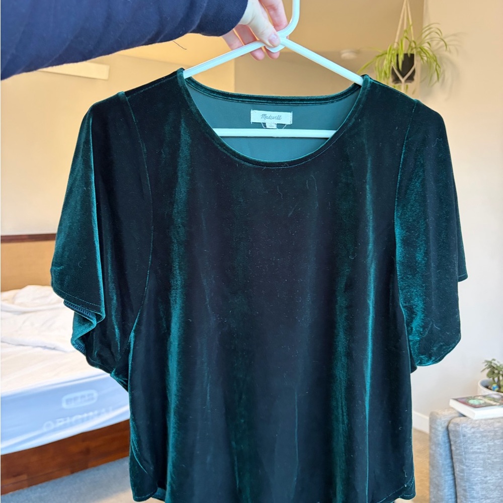 Madewell Emerald Green Velvet Flutter Sleeve Top